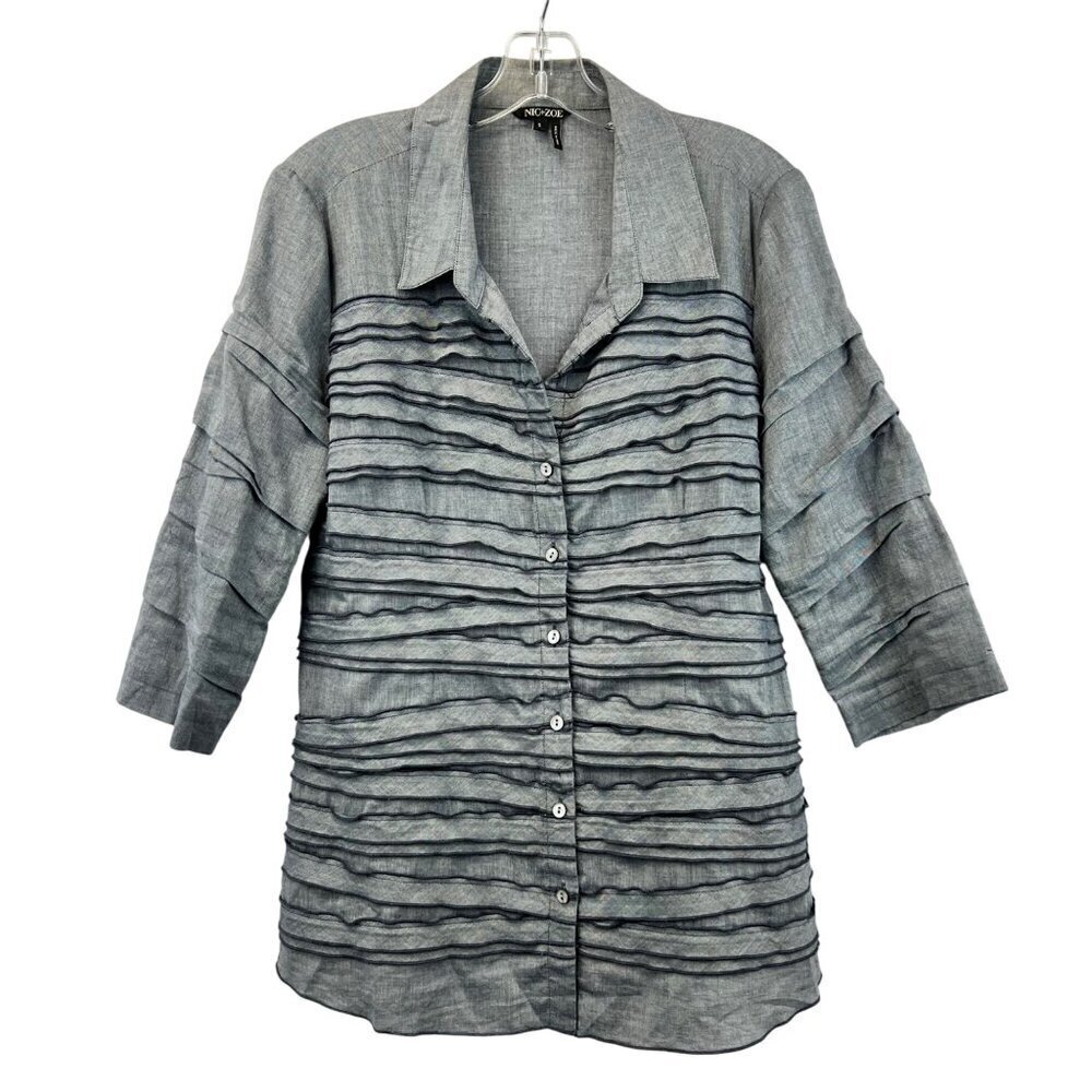 Nic+Zoe Womens Button Up Textured 3/4 Sleeve Top Gray Size Small